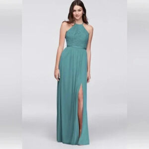 [10]Davids Bridal High Neck Laced Open Back Teal Green Bridesmaid Wedding Dresse